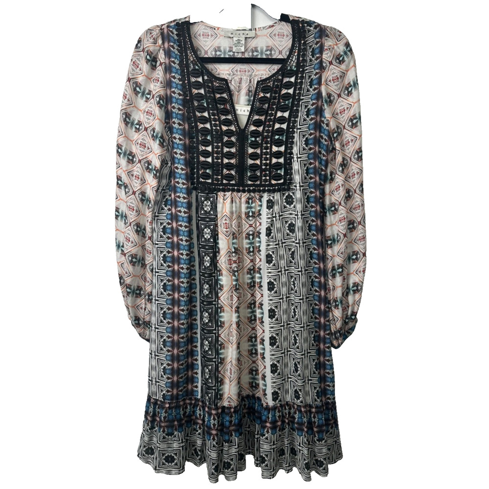 Hiche Anthropologie Womens S Ivory Casual Dress LS Lined Embroidered Boho A37
